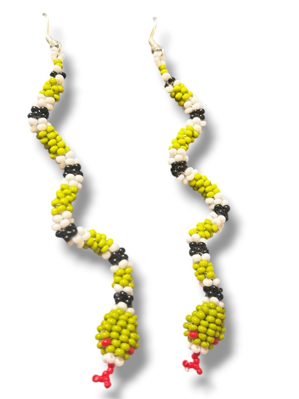 GrandmaMia 3D Snake Earrings MIYUKI Beaded Green White Black Sterling Silver